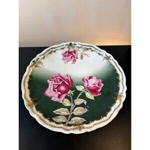 PK Silesia Green Ground Charger Large Pink Cabbage Roses Gilt Scroll Rim Antique